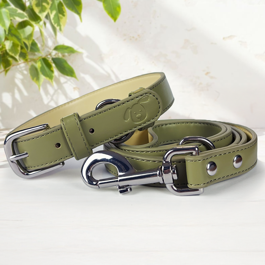Vegan Leather Collar & Lead Set - Overly Dramatic Olive