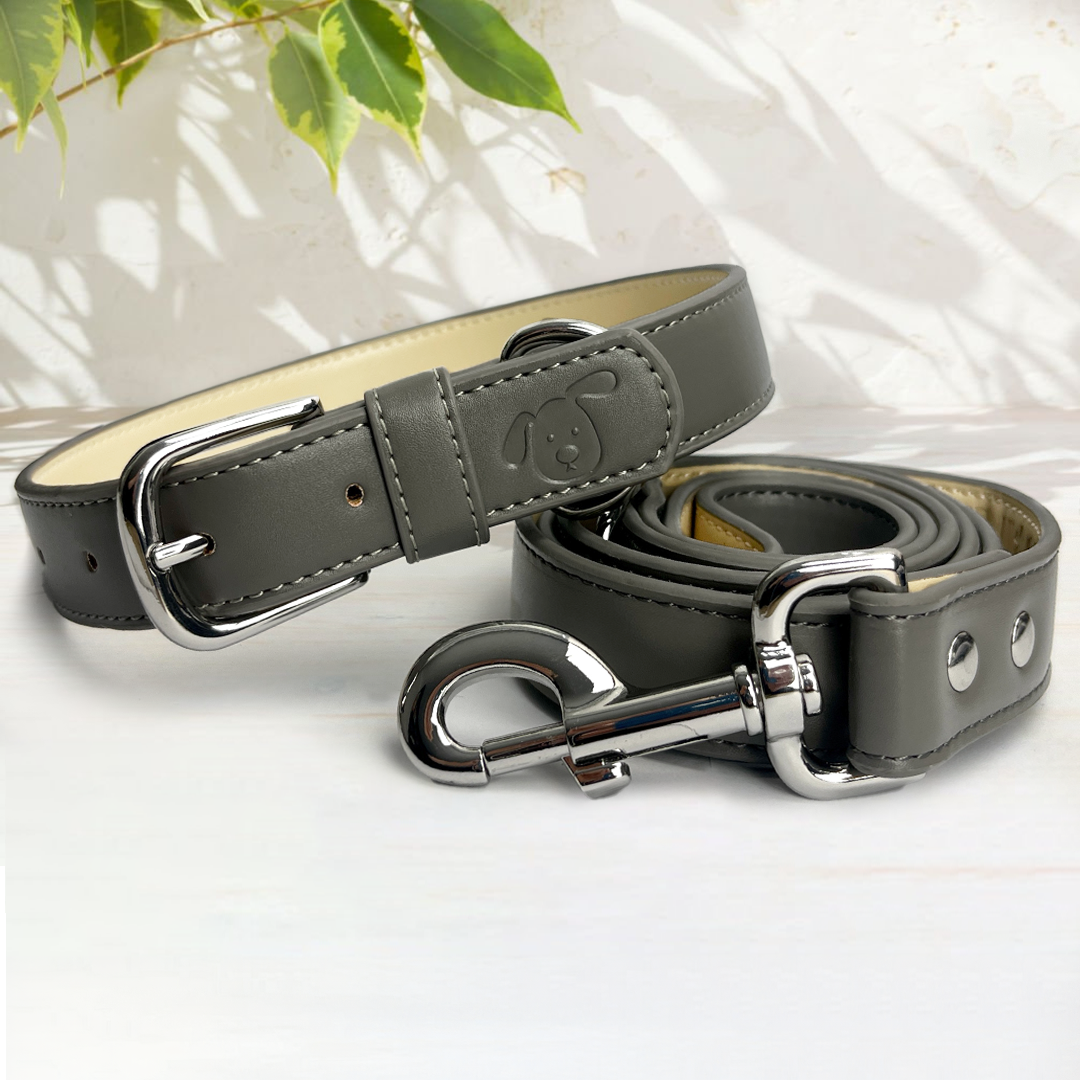 Vegan Leather Dog Collar - Pebble Grey