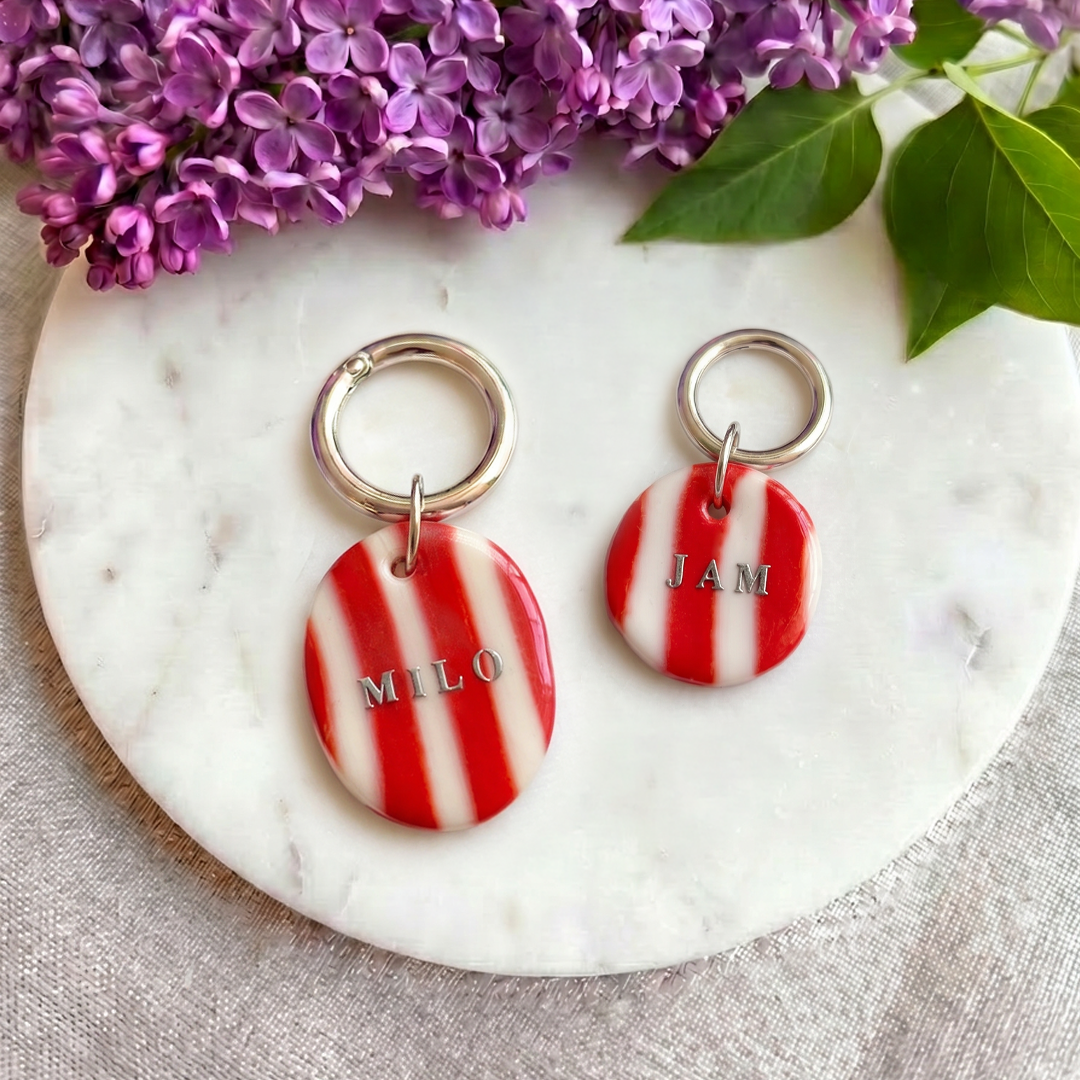 Candy Stripe Collection - Handcrafted Dog Tag - Red