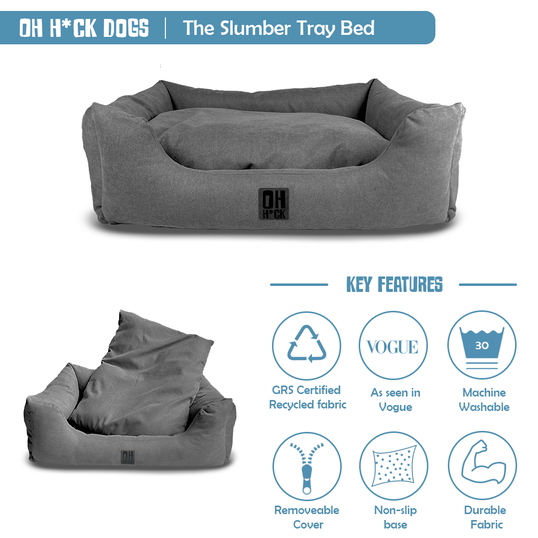Dog tray bed, as seen in vogue, GRS certified recycled fabric, machine washable, removeable cover, non-slip base, durable fabric