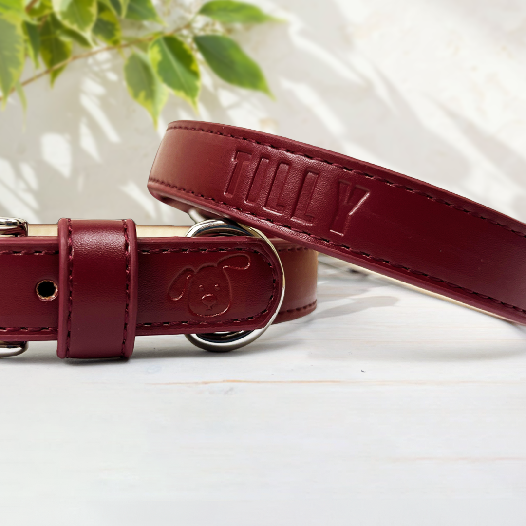 Vegan Leather Collar & Lead Set - Mum's Red Wine